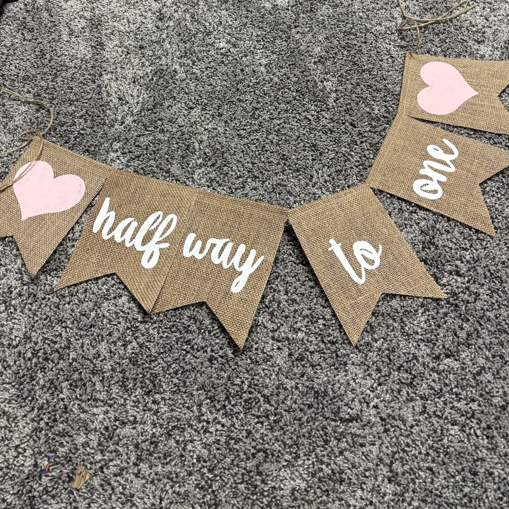 Halfway to One Burlap Banner with Pink Hearts